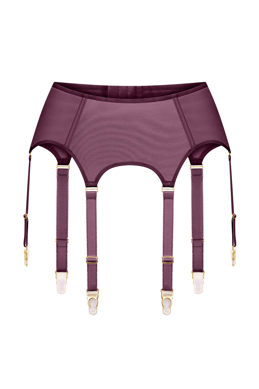 Purple garter belt with gold hardware on a white background