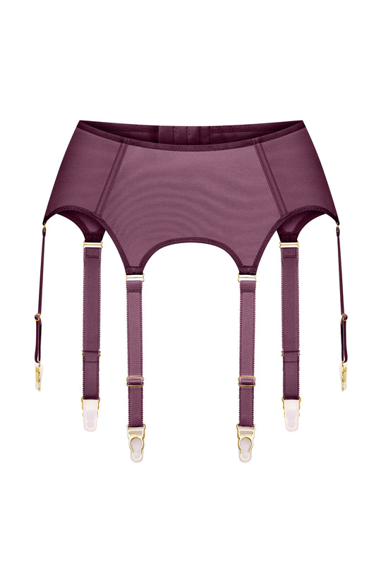 Purple garter belt with gold hardware on a white background