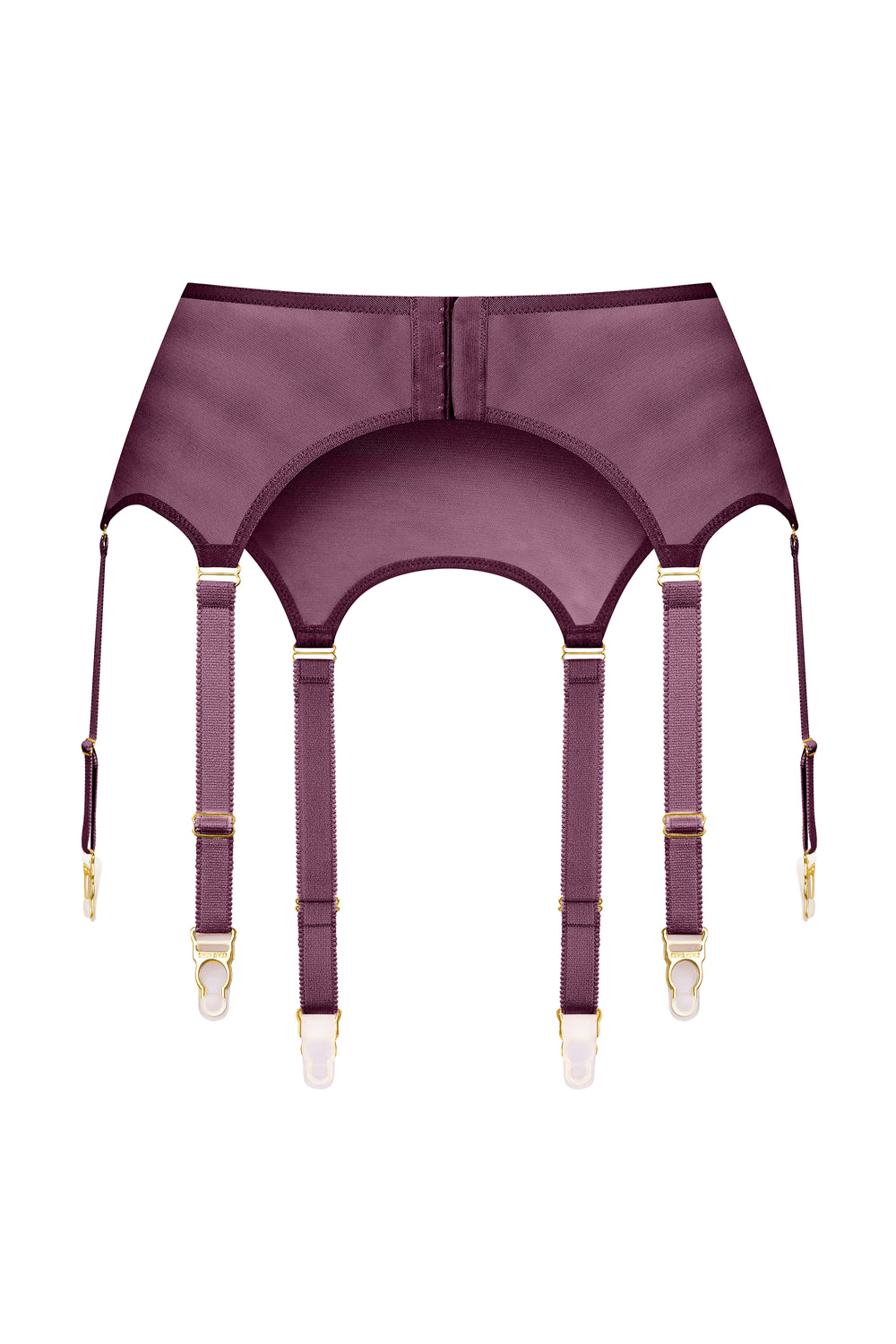 Purple garter belt with gold accents on a white background