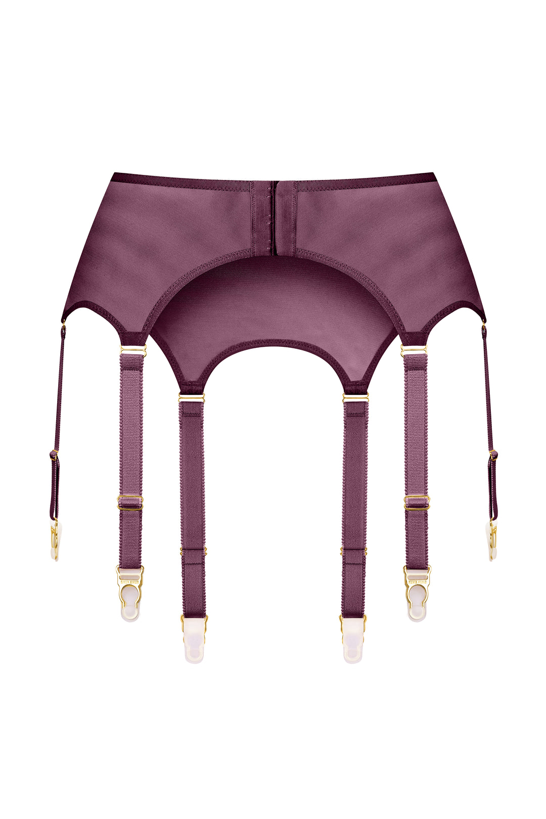 Purple garter belt with gold accents on a white background