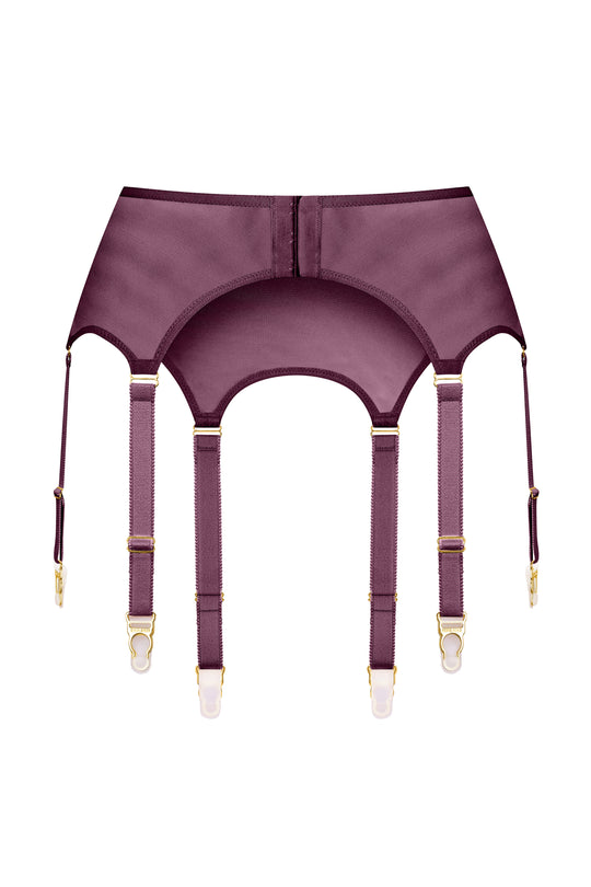 Purple garter belt with gold accents on a white background